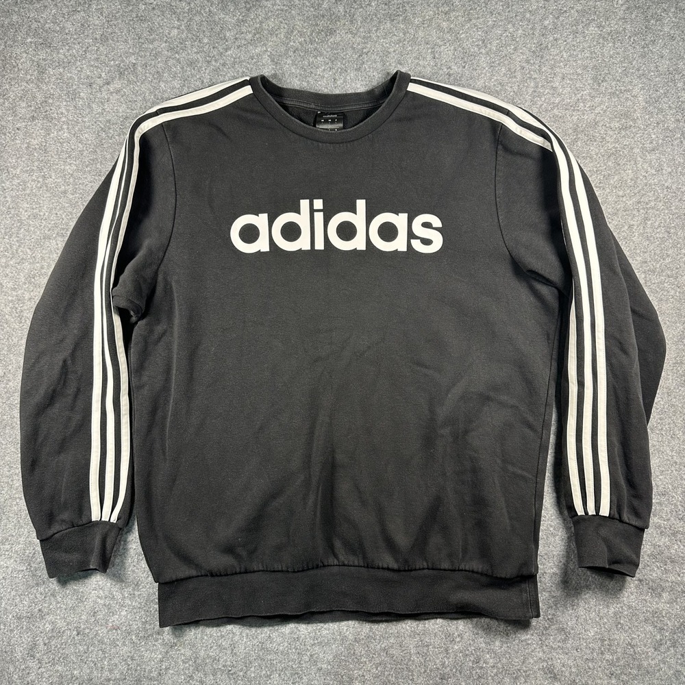 Adidas Essentials 3-Stripes Crewneck Sweatshirt Large Black White Logo Fleece